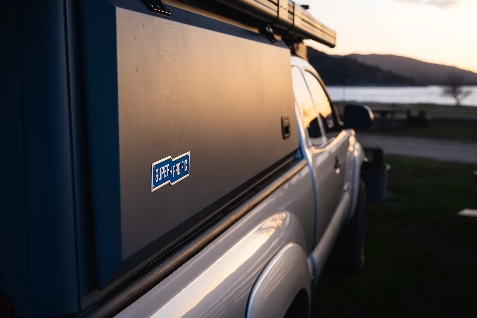 Sunset at Lake Hemet, CA. Super Pacific pop campter on a toyota tacoma